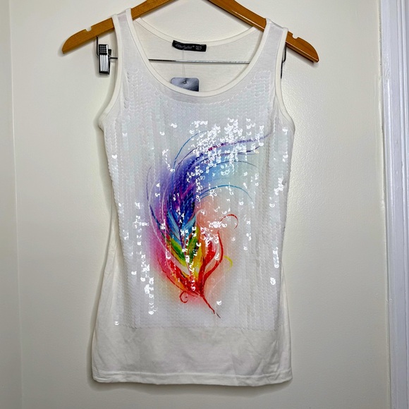 Boutiqua Paillette Sequins Tank Top Rainbow Feather EU Size 42 NEW w/ FLAW - Picture 1 of 9